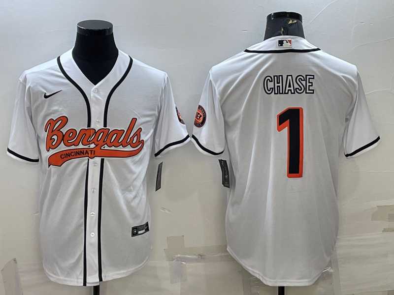 Men%27s Cincinnati Bengals #1 JaMarr Chase White With Patch Cool Base Stitched Baseball Jersey